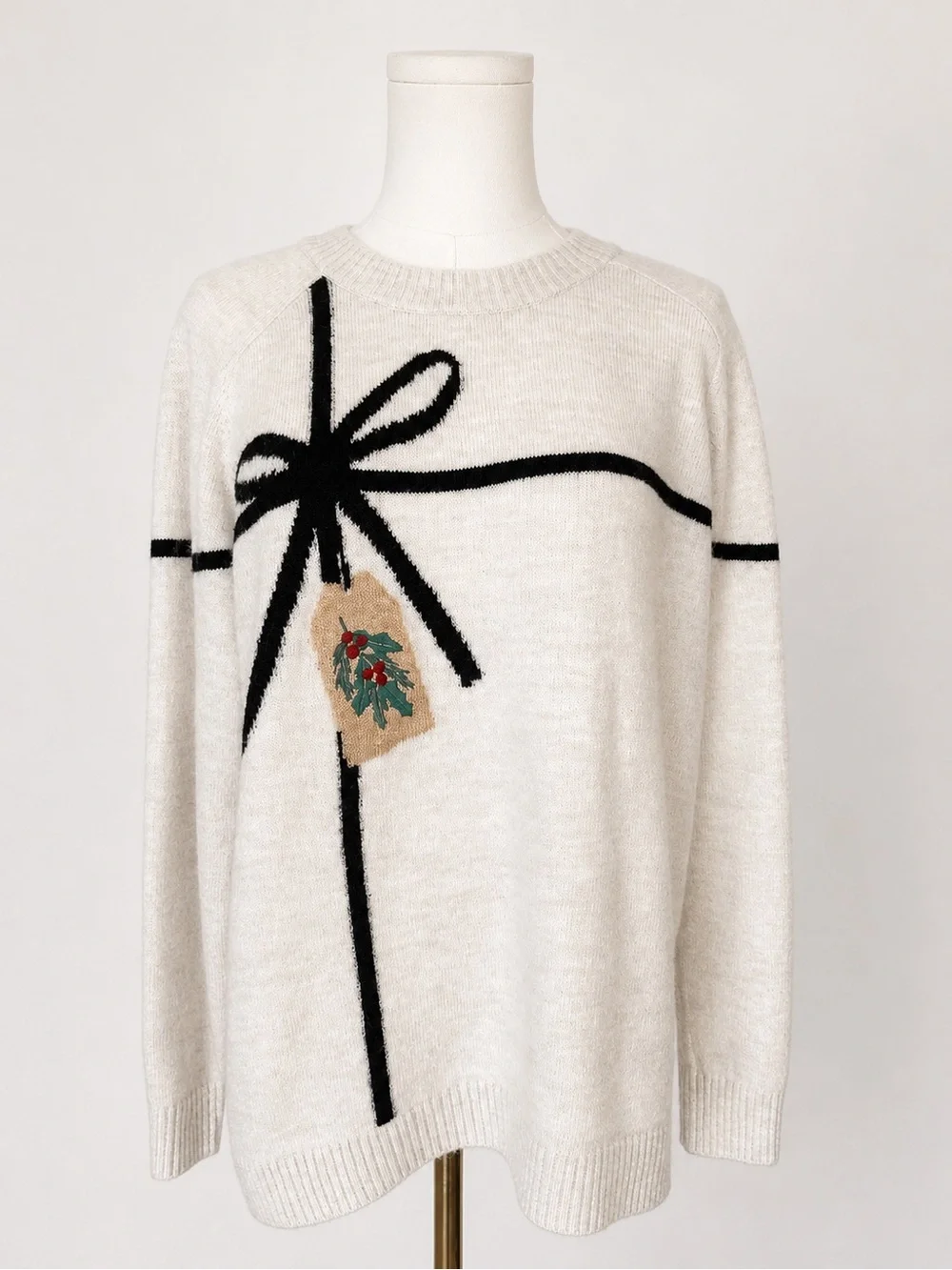 LOFT Holiday Bow Holly Gift Tag Sweater Small Cream Black Christmas Coquette